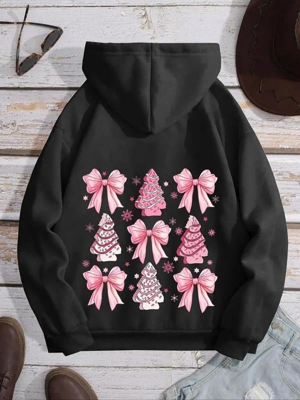 Women'WB shield Christmas TNF Bow & Snowflake Print Drop Shoulder Hoodie, Fashion Casual Drawstring Pocket Hooded...