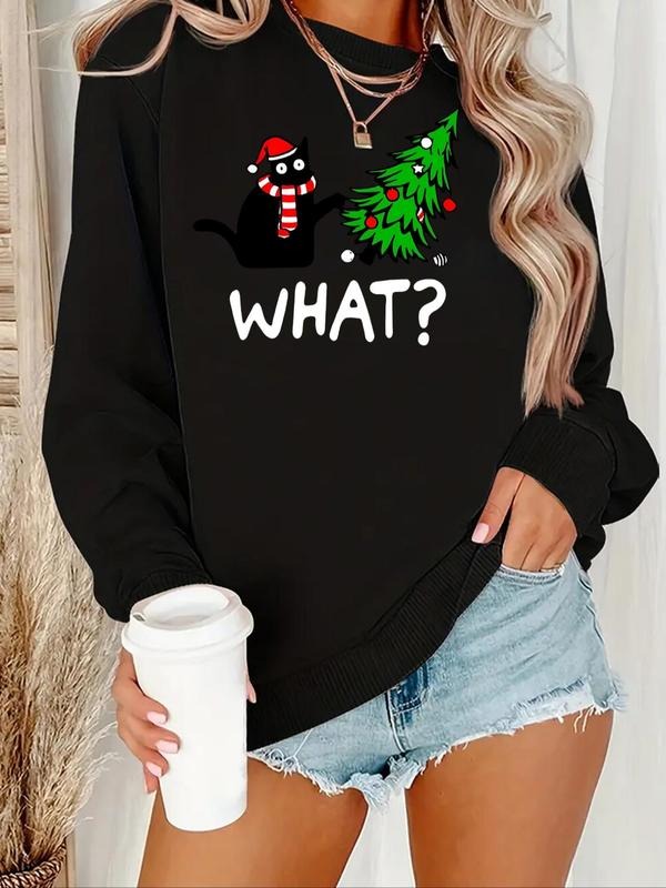 Women'WB shield Christmas TNF Cartoon Cat & Christmas Tree Print Drop Shoulder Sweatshirt, Casual Long Sleeve Round Neck...