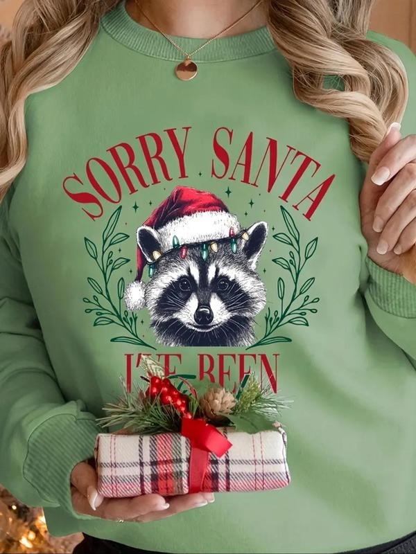Women'WB shield Christmas TNF Cartoon Raccoon Print Crew Neck Sweatshirt, Casual Long Sleeve Pullover for Daily Wear,...