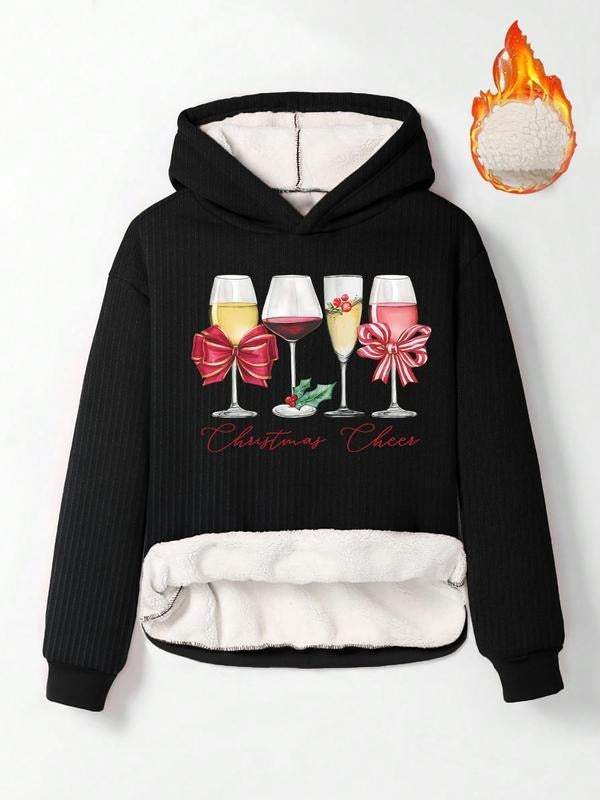 Women'WB shield Christmas TNF Letter & Drink Print Drop Shoulder Ribbed Hoodie, Casual Long Sleeve TNF Lined Hooded...
