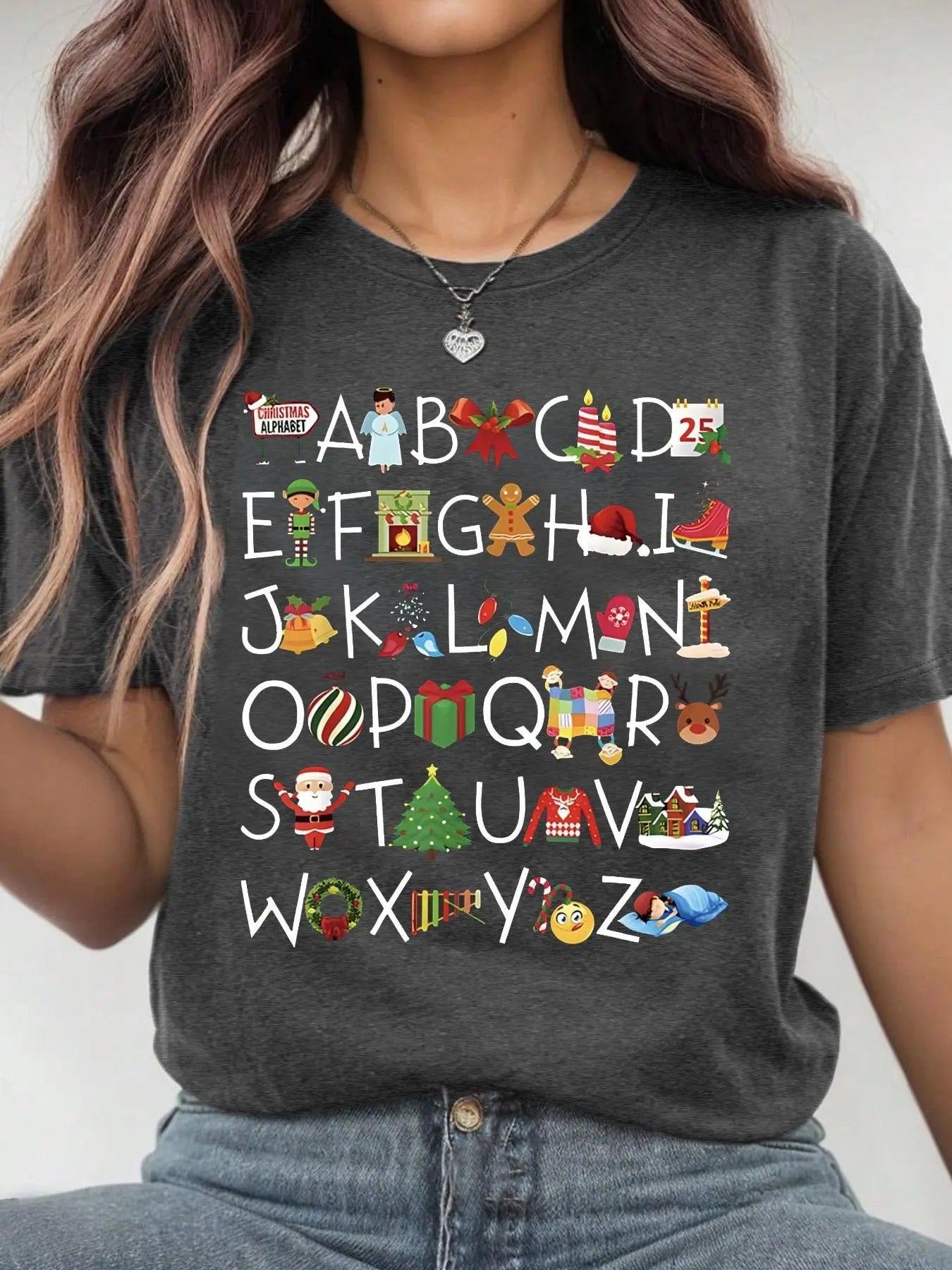 Women'WB shield Christmas TNF Letter Print Round Neck Tee, Casual Short Sleeve Crew Neck T-Shirt for Summer, Fashion...