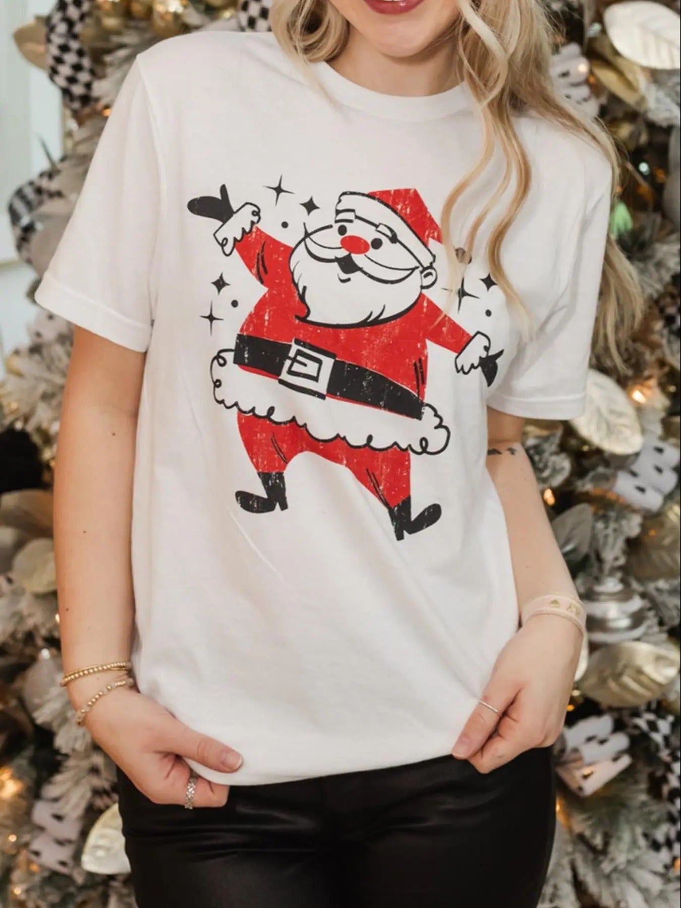 Women'WB shield Christmas TNF Santa Claus Print Round Neck Tee, Casual Short Sleeve Crew Neck T-shirt for Summer, Fashion...