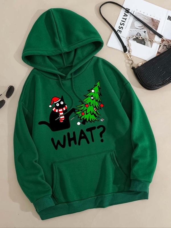 Women'WB shield Christmas Tree & Cat Print Drop Shoulder Hoodie, Fashion Casual Drawstring Pocket Hooded Sweatshirt for...