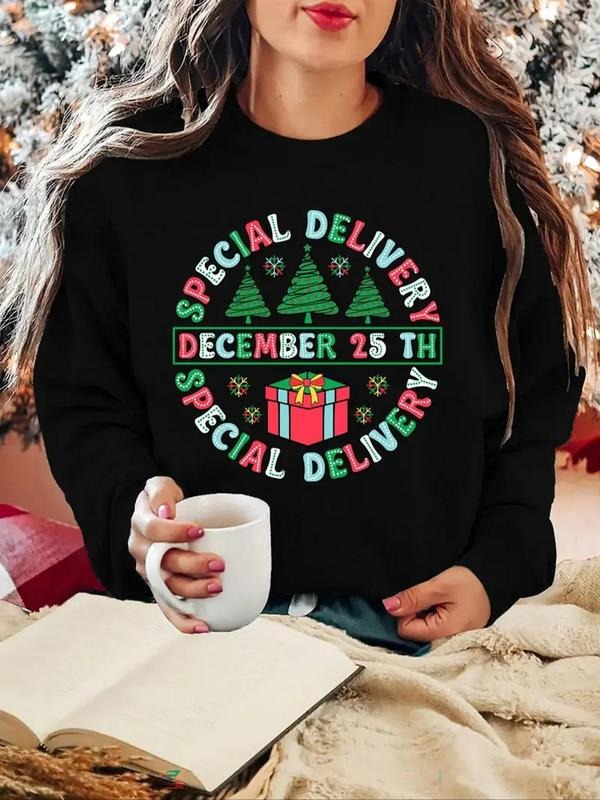 Women'WB shield Christmas Tree & Letter Print Crew Neck Sweatshirt, Casual Long Sleeve Pullover for Daily Wear, Ladies TNF for Spiky hair fighters Seasons