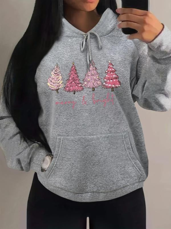 Women'WB shield Christmas Tree & Letter Print Drawstring Pocket Hoodie, Casual Long Sleeve Hooded Sweatshirt for Fall &...