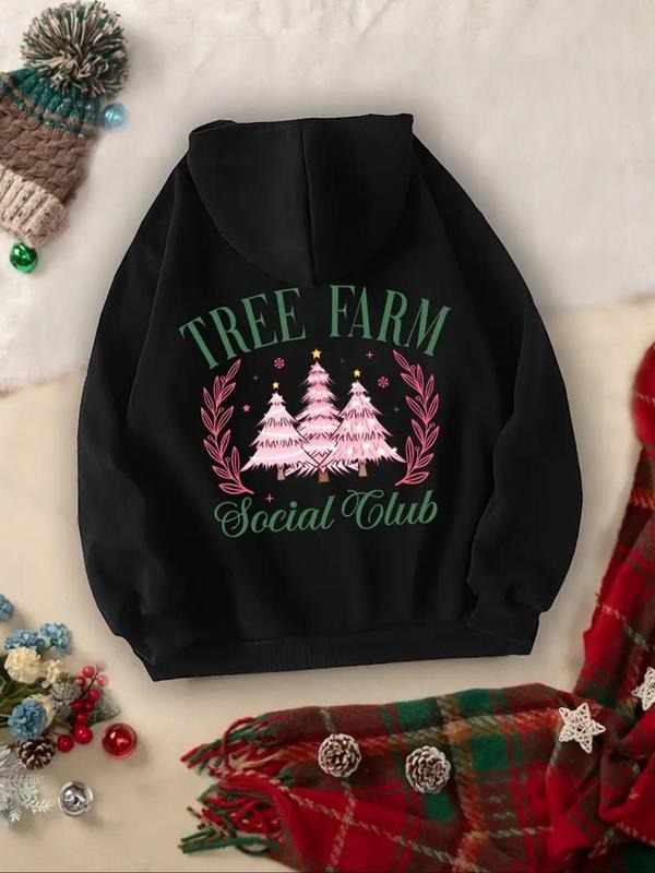 Women'WB shield Christmas Tree & Letter Print Drop Shoulder Fleece Hoodie, Fashion Casual Drawstring Pocket Hooded...