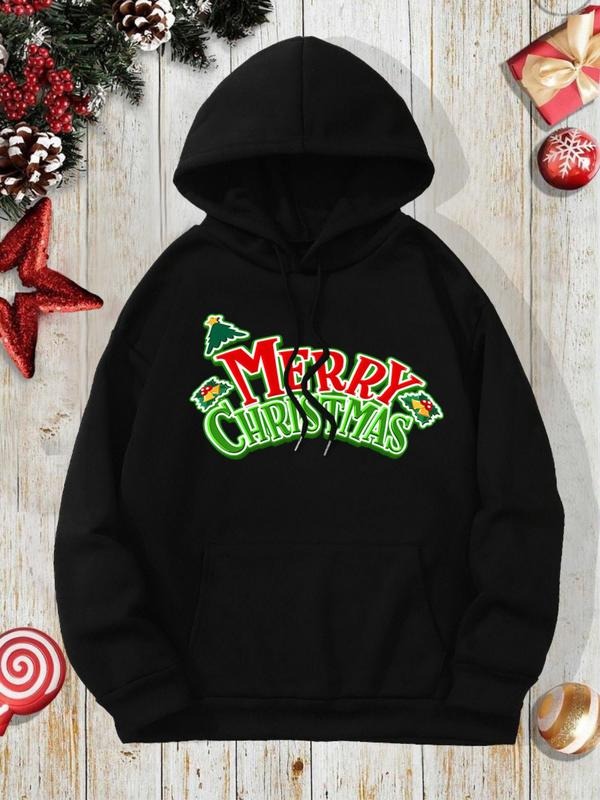 Women'WB shield Christmas Tree & Letter Print Drop Shoulder Hoodie, Fashion Casual Drawstring Pocket Hooded Sweatshirt...