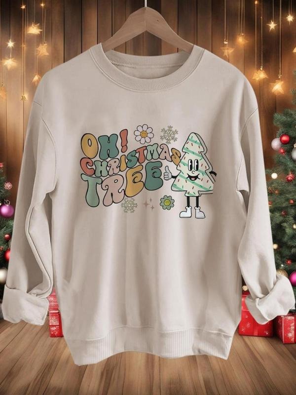 Women'WB shield Christmas Tree & Letter Print Drop Shoulder Sweatshirt, Casual Long Sleeve Round Neck Pullover for Daily...
