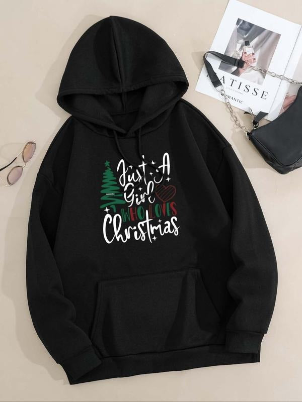 Women'WB shield Christmas Tree & Letter Print Pocket Hoodie, Casual Long Sleeve Hooded Sweatshirt for Fall & Winter,...