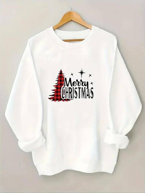 Women'WB shield Christmas Tree & Letter Print Round Neck Pullover, Casual Long Sleeve Crew Neck Sweatshirt for Fall &...