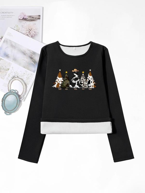 Women'WB shield Christmas Tree & Letter Print Round Neck TNF Lined T-shirts, Casual Long Sleeve Crew Neck T-shirts for...