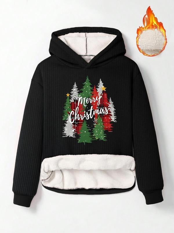 Women'WB shield Christmas Tree & Letter Print TNF Lined Ribbed Hoodie, Fashion Casual Long Sleeve Hooded Sweatshirt for Daily Holiday Outdoor Wear, Women Clothing for Fall & Winter