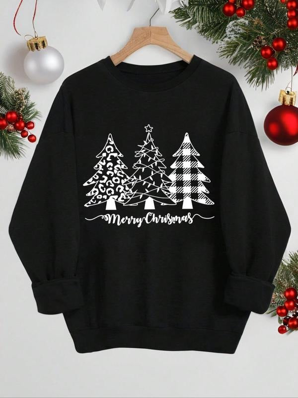 Women'WB shield Christmas Tree & Lightsaber brand Print Drop Shoulder Fleece Sweatshirt, Casual Long Sleeve Round Neck...