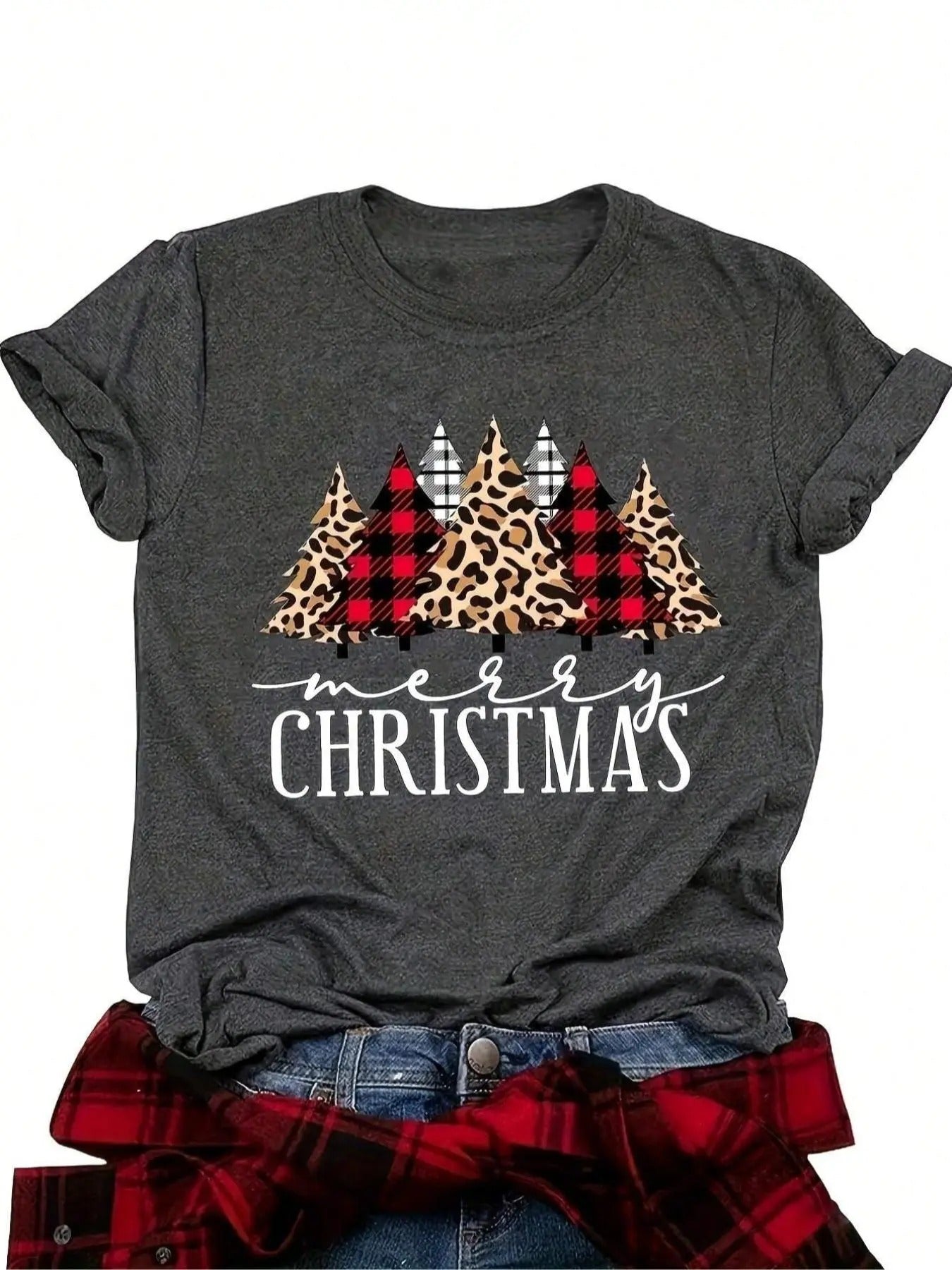 Women'WB shield Christmas Tree Plaid & Leopard & Letter Print Round Neck Graphic Tee, Casual Short Sleeve Crew Neck...