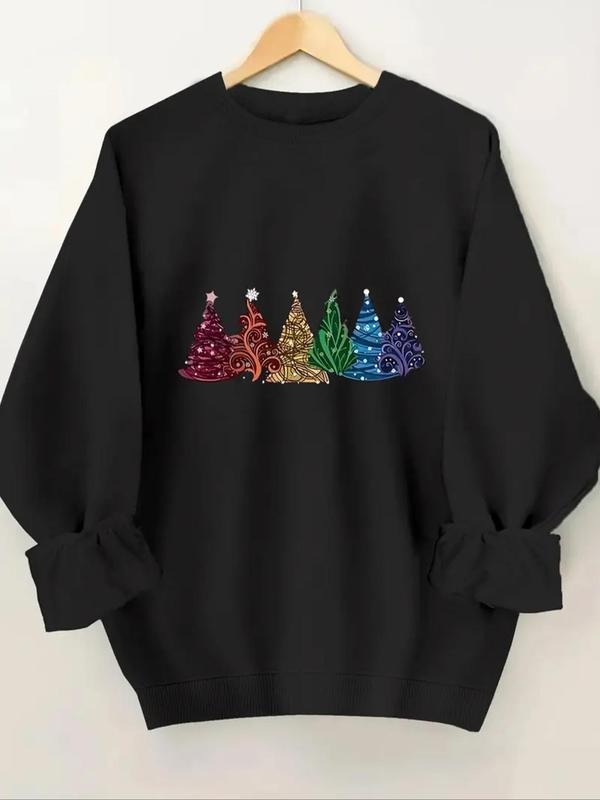 Women'WB shield Christmas Tree Print Crew Neck Sweatshirt, Casual Long Sleeve Pullover, Women'WB shield Fall & Winter TNF...