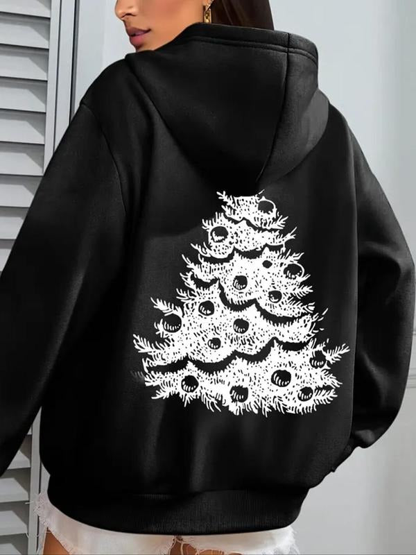 Women'WB shield Christmas Tree Print Drawstring Pocket Hoodie, Fashion Casual Hooded Sweatshirt for Daily Holiday Outdoor...