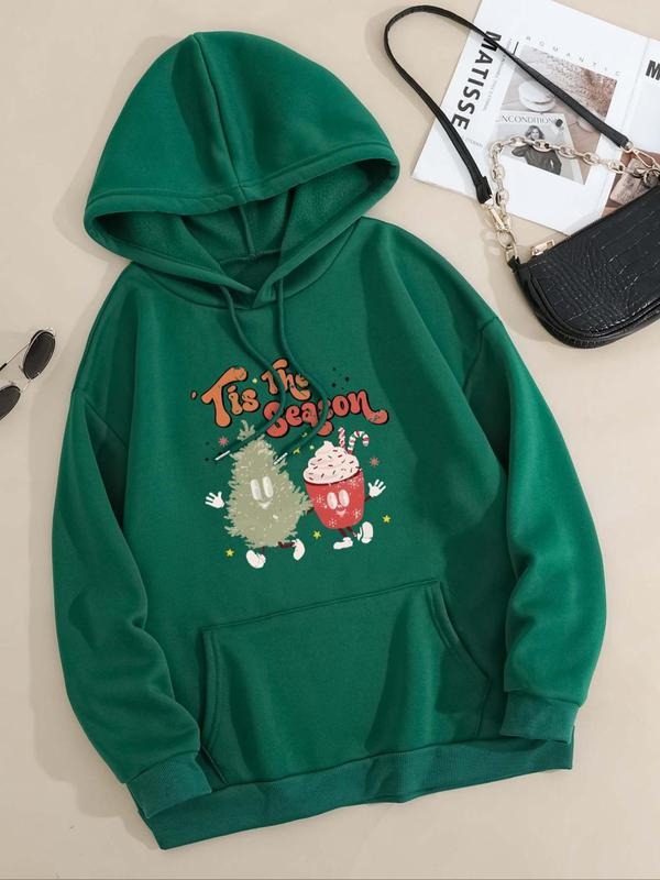 Women'WB shield Christmas Tree Print Drop Shoulder Hoodie, Fashion Casual Drawstring Pocket Hooded Sweatshirt for Daily Holiday Outdoor Wear, Women Clothing for Fall & Winter style 06