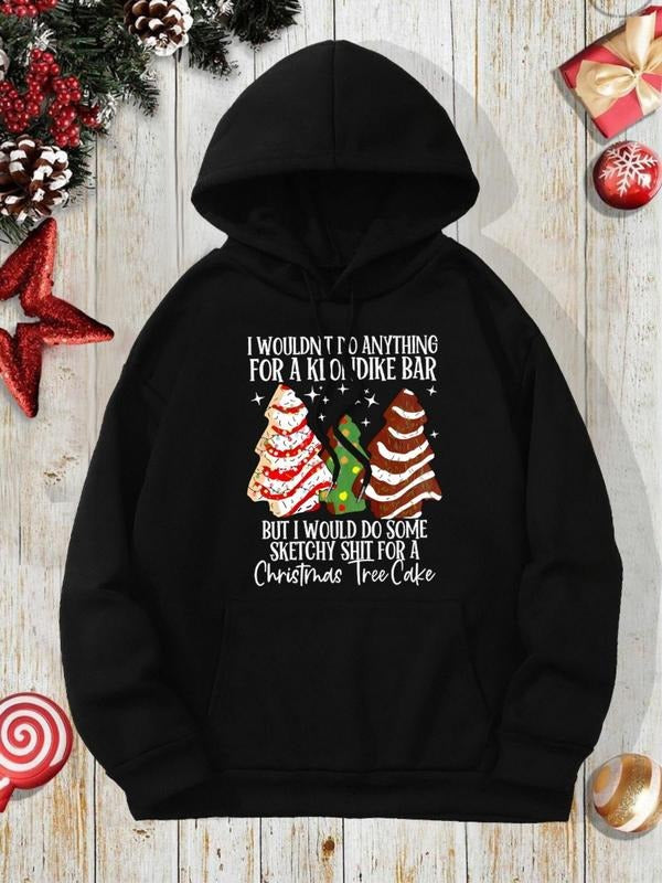 Women'WB shield Christmas Tree Print Drop Shoulder Hoodie, Fashion Casual Drawstring Pocket Hooded Sweatshirt for Daily Holiday Outdoor Wear, Women Clothing for Fall & Winter