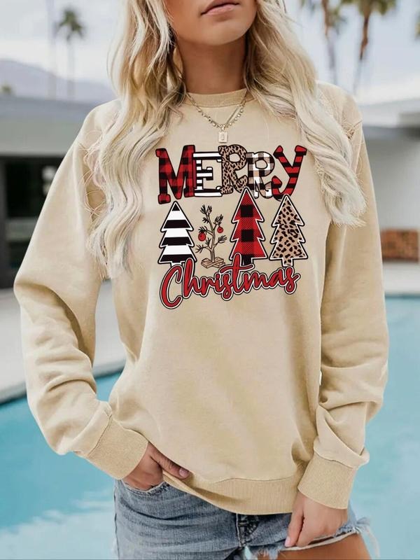 Women'WB shield Christmas Tree Print Drop Shoulder Sweatshirt, Casual Long Sleeve Round Neck Pullover for Daily Wear,...