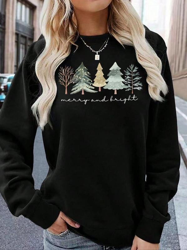 Women'WB shield Christmas Tree Print Drop Shoulder Sweatshirt, Casual Long Sleeve Round Neck Pullover for Fall & Winter,...