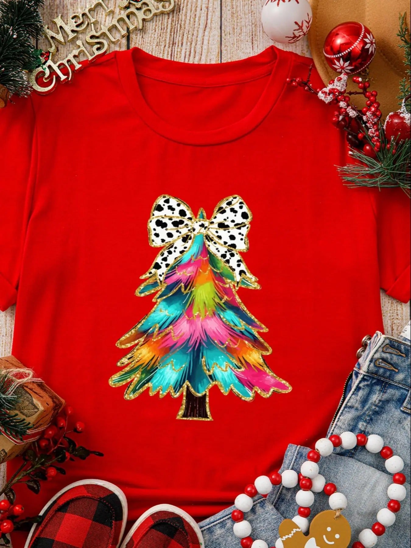 Women'WB shield Christmas Tree Print Round Neck Tee, Fashion Casual Crew Neck Short Sleeve T-shirt for Daily Holiday...