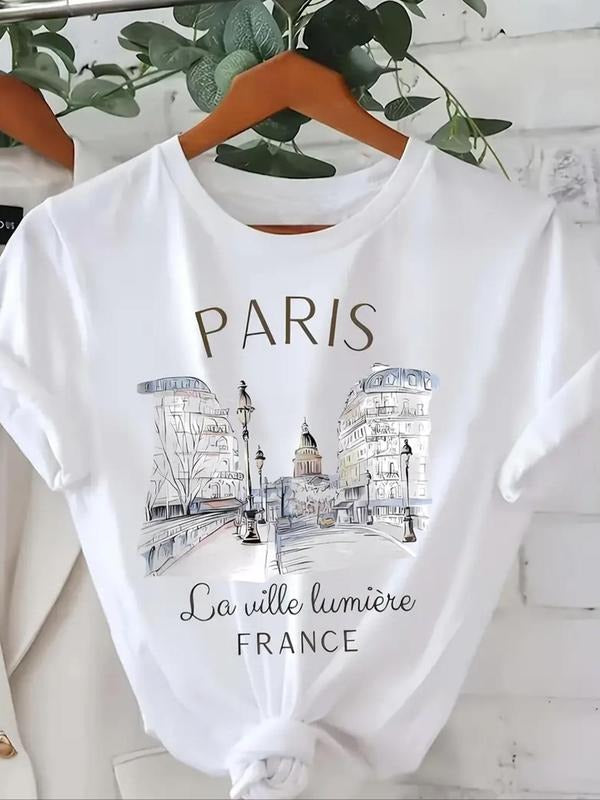Women'WB shield City Street Scene & Letter Print Round Neck Tee, Casual Short Sleeve Crew Neck T-shirt for Summer,...