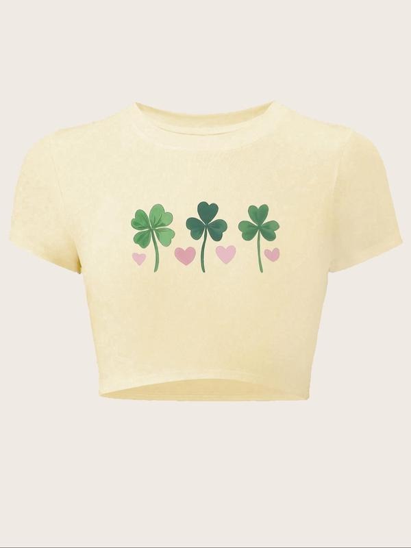 Women'WB shield Clover & Heart Print Round Neck Crop Tee, Y2K Casual Short Sleeve Crew Neck T-shirt for Summer, Fashion...