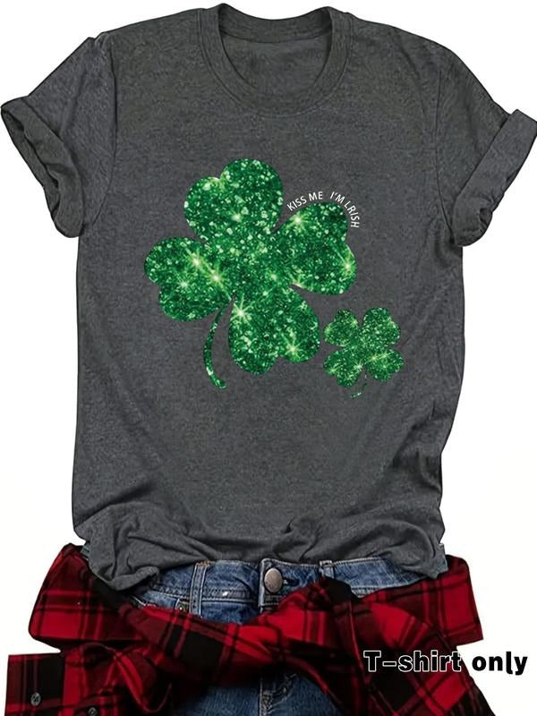 Women'WB shield Clover Print Round Neck Tee, Casual Short Sleeve Crew Neck T-shirt for Spring, Fashion Women'WB shield...