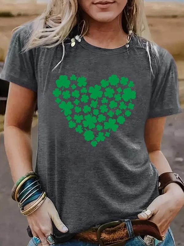 Women'WB shield Clover Print Round Neck Tee, Casual Short Sleeve Crew Neck T-shirt for Summer, Fashion Women'WB shield...