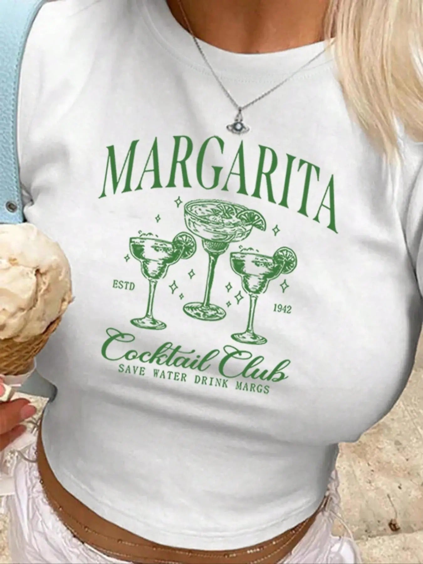 Women'WB shield Cocktail & Letter Print Round Neck Crop Tee, Casual Short Sleeve Graphic T-shirt, Ladies Summer Outfit...
