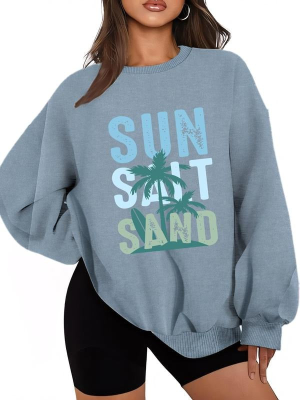 Women'WB shield Coconut Tree & Letter Print Drop Shoulder Sweatshirt, Casual Long Sleeve Round Neck Pullover for Daily...