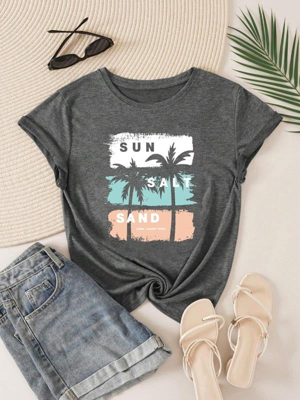 Women'WB shield Coconut Tree & Letter Print Round Neck Tee, Trendy Casual Short Sleeve T-shirt for Daily Wear, Ladies...