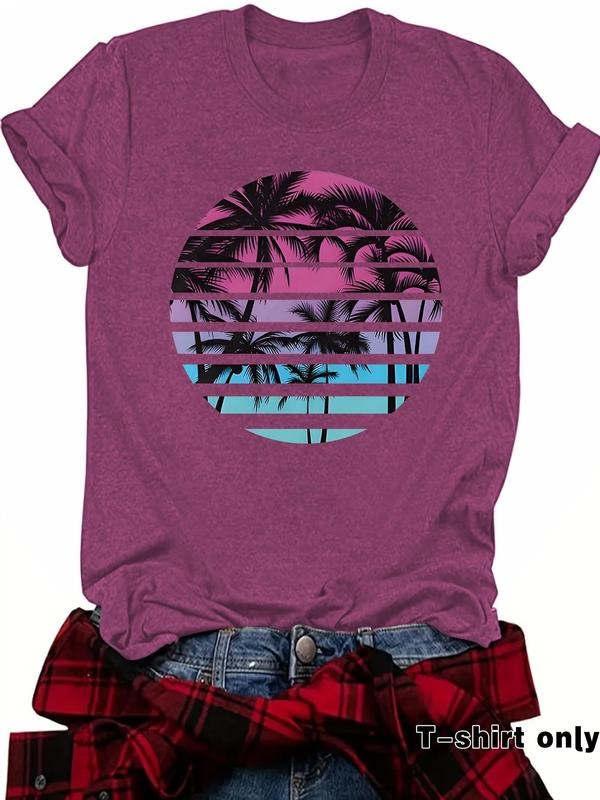 Women'WB shield Coconut Tree Print Round Neck Tee, Casual Short Sleeve Crew Neck T-shirt for Summer, Fashion Women'WB...