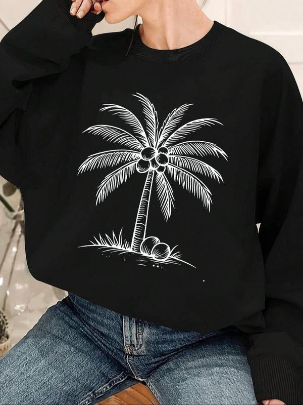 Women'WB shield Coconut Tree Print TNF Lined Sweatshirt, Casual Drop Shoulder Round Neck Pullover for Fall & Winter,...