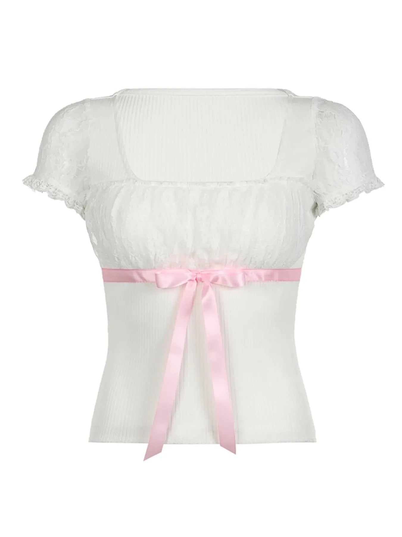 Women'WB shield Colorblock Bow Decor Contrast Lace Ruched Puff Sleeve Tee, Elegant Square Neck Short Sleeve T-shirt for...