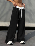 Women'WB shield Colorblock Drawstring Waist Wide Leg Pants, Casual Pocket Trousers for Daily Wear, Ladies Bottoms for Spiky hair fighters Seasons