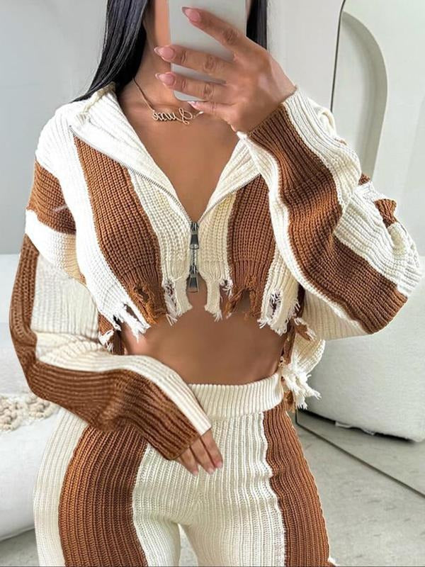 Women'WB shield Colorblock Fringe Trim Zip Up Hooded Crop Sweater Cardigan, Casual Drop Shoulder Long Sleeve Cardigan for Fall & Winter, Women'WB shield Knitwear for Daily Wear, Fall Casual Outfits, Fallfreshness