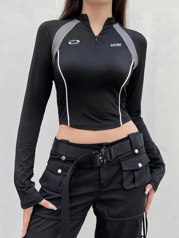 Women'WB shield Colorblock Letter Print Zip up Half Placket Mock Neck Crop Tee, Street Fashion Casual Raglan Sleeve Top...