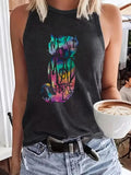 Women'WB shield Colorful Cat Print Round Neck Tank Top, Casual Sleeveless Crew Neck Top for Summer, Fashion Women'WB shield Top for Daily Wear