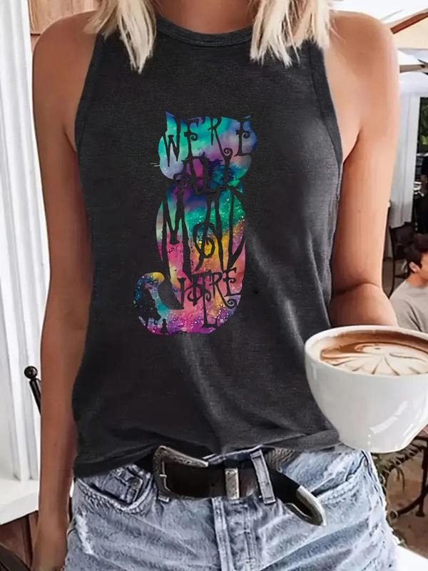 Women'WB shield Colorful Cat Print Round Neck Tank Top, Casual Sleeveless Crew Neck Top for Summer, Fashion Women'WB shield Top for Daily Wear