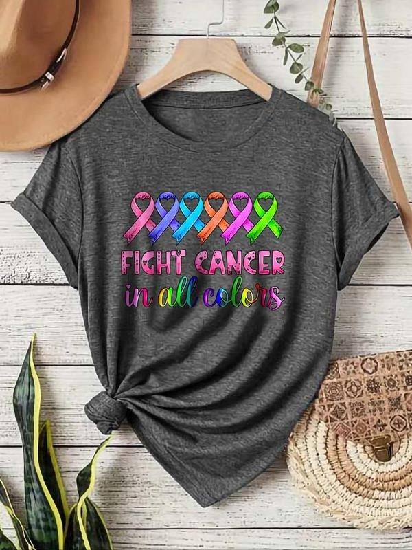 Women'WB shield Colorful Ribbon & Letter Print Tee, Casual Short Sleeve Round Neck T-shirt, Ladies Spiky hair fighters...