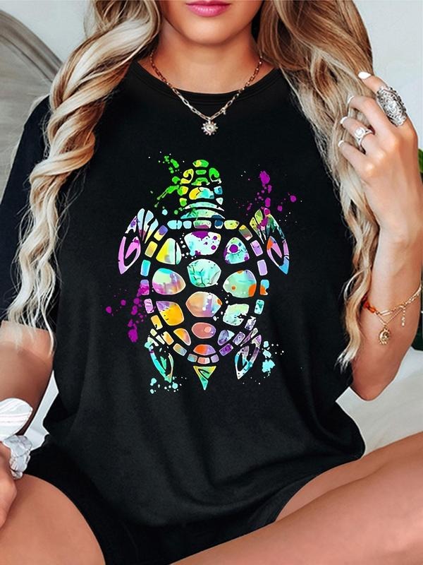 Women'WB shield Colorful Turtle Print Round Neck Tee, Fashion Casual Crew Neck Short Sleeve T-Shirt for Daily Holiday...