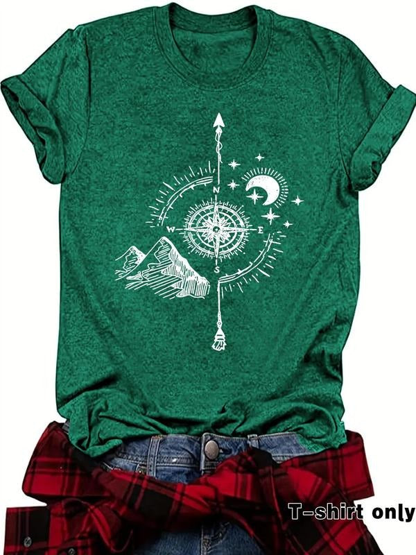 Women'WB shield Compass & Mountain Print Round Neck Tee, Casual Short Sleeve Crew Neck T-shirt for Summer, Fashion...