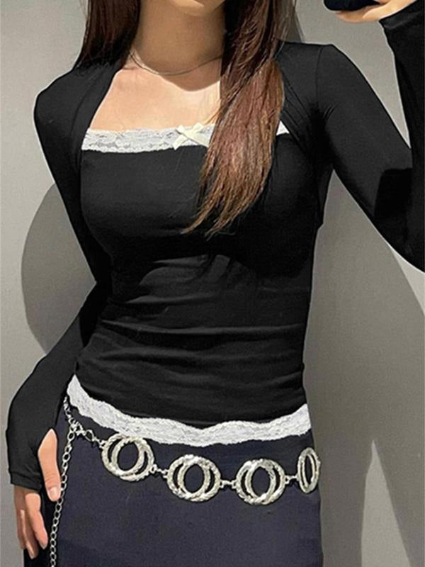 Women'WB shield Contrast Lace Bow Front Square Neck Tee, Elegant Long Sleeve T-Shirt for Spring & Fall, Women'WB shield...