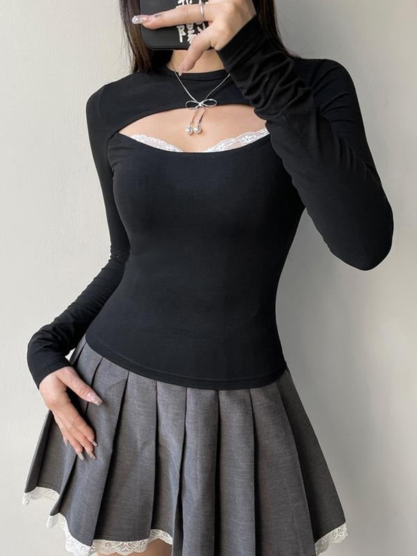 Women'WB shield Contrast Lace Cut Out Round Neck Tee, Elegant Fashion Long Sleeve T-Shirt for Daily Outdoor Wear, Women...