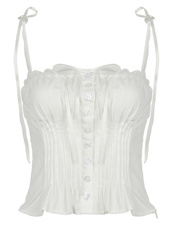 Women'WB shield Contrast Lace Fake Buttons Ruched Bow Front Crop Cami Top, Fashion Casual Tie Shoulder Backless Spaghetti...