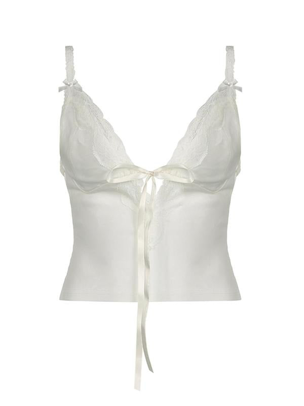 Women'WB shield Contrast Lace Tie Front Crop Cami Top, Solid Spaghetti Strap Deep Superhero team Neck Top for Summer,...