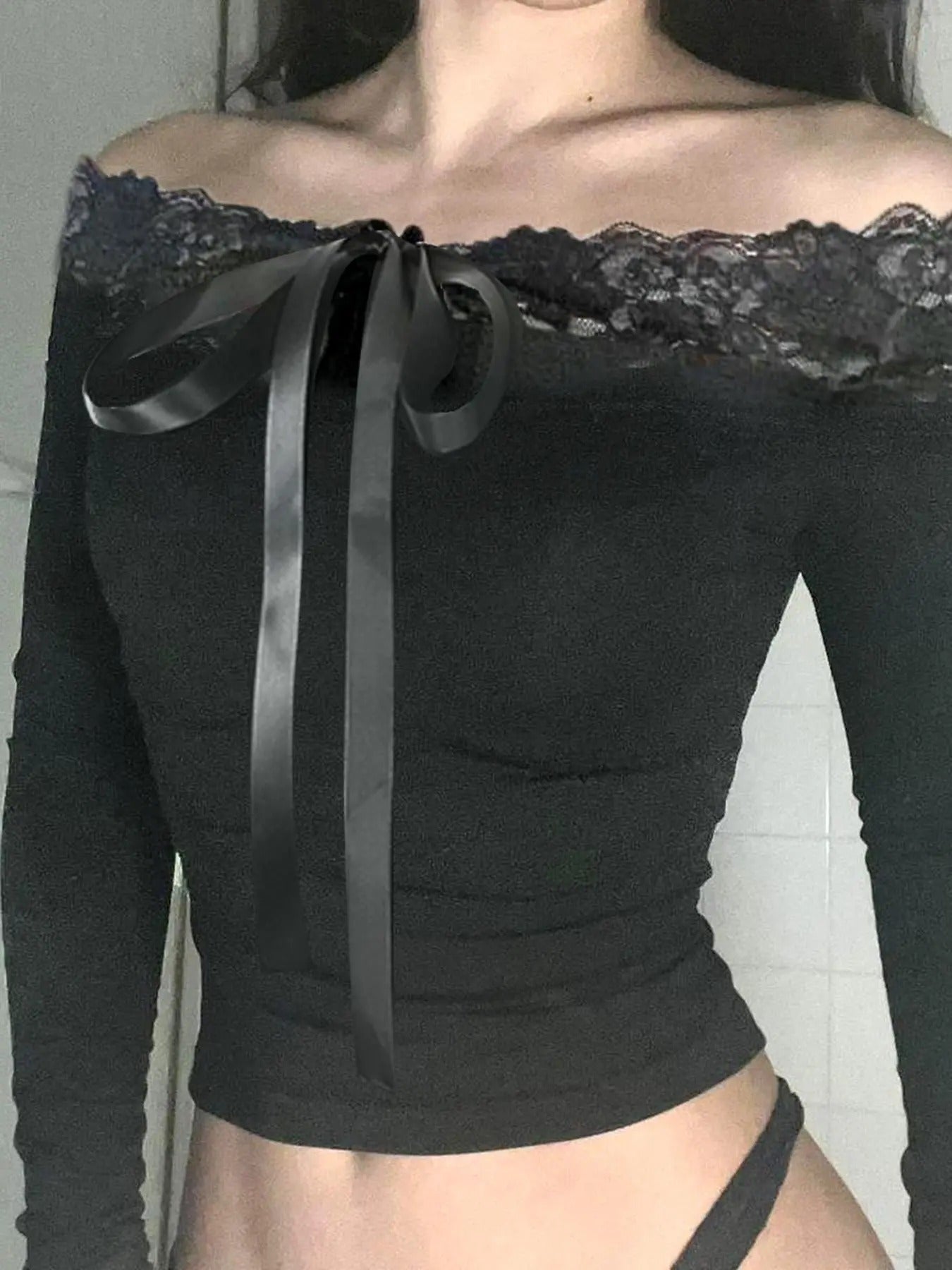 Women'WB shield Contrast Lace Tie Front FOG Shoulder Tee, Casual Long Sleeve Top for Spring & Fall, Women'WB shield...
