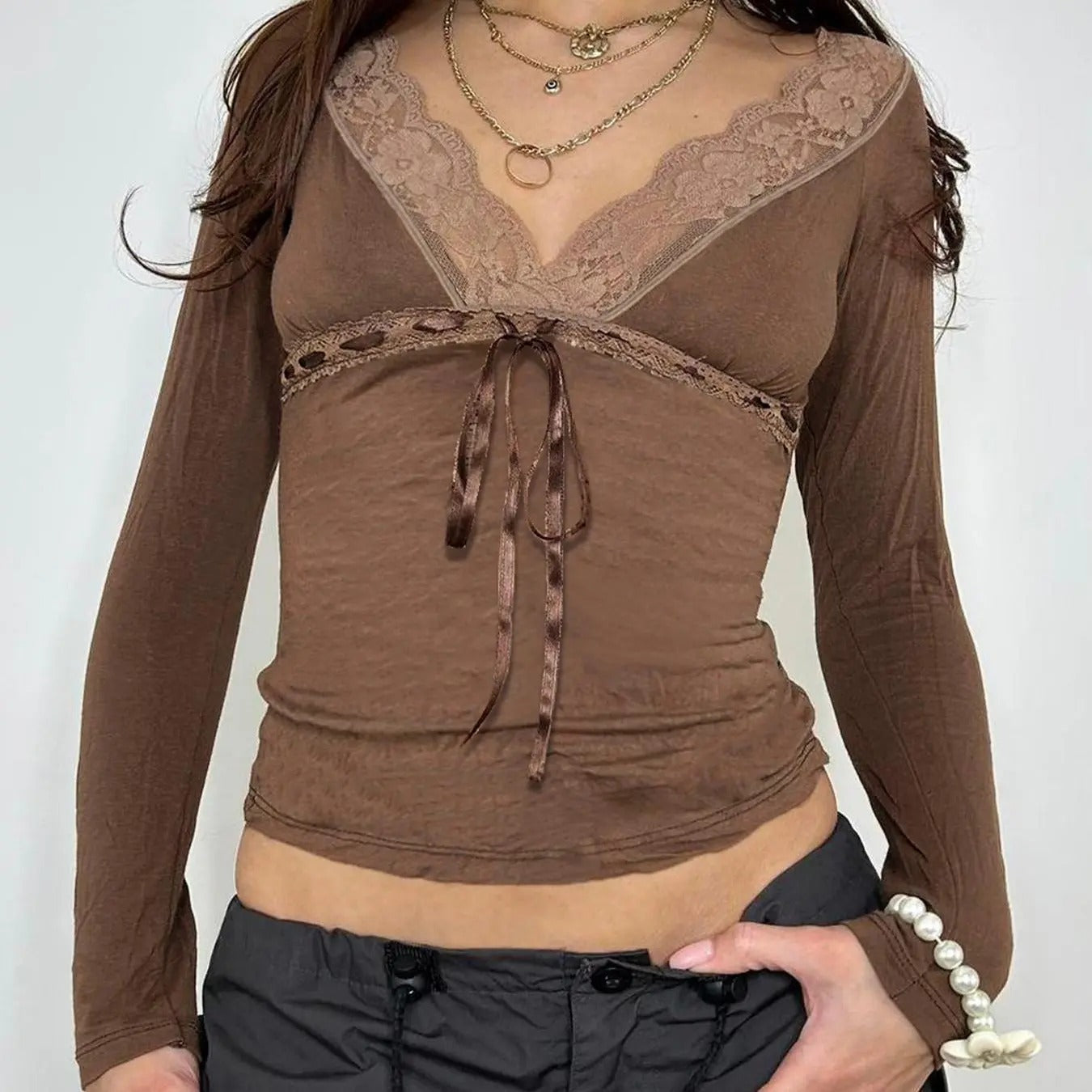 Women'WB shield Contrast Lace Tie Front Raglan Sleeve Tee, Casual Superhero team Neck Long Sleeve T-shirt for Fall &...