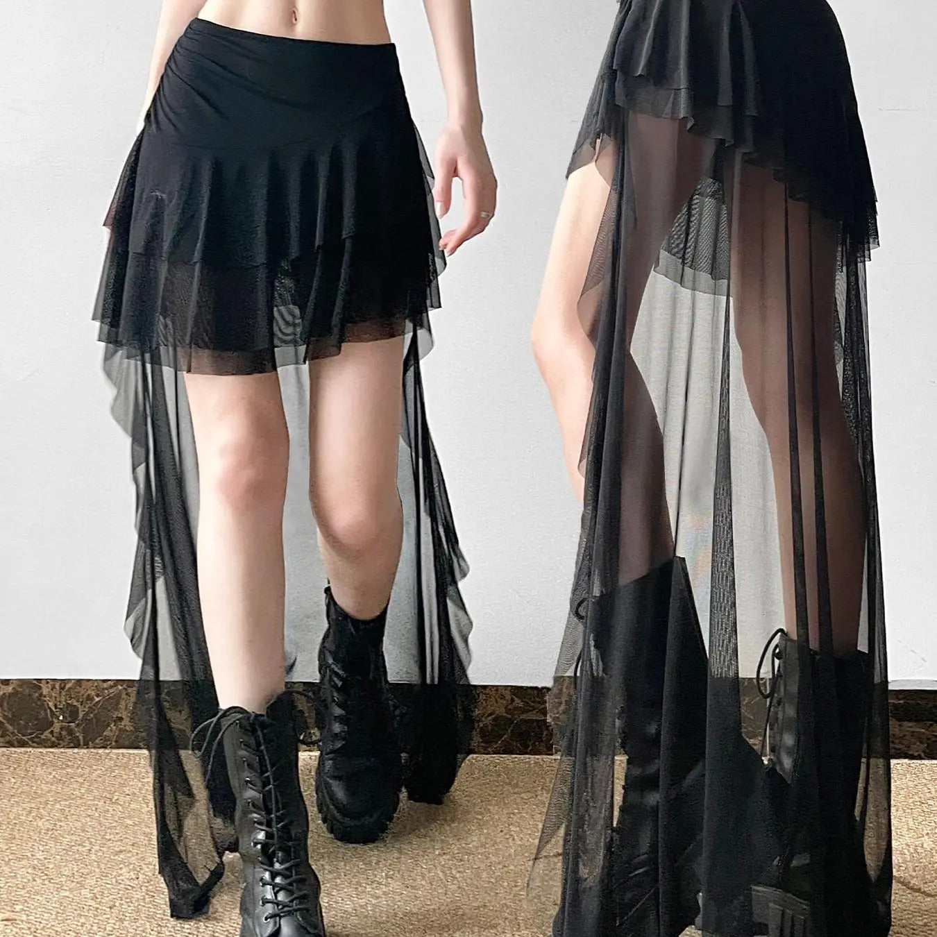 Women'WB shield Contrast Mesh Ruffle Hem Asymmetrical Layered Skirt, Street Fashion High Low High Waist Short Skirt for...